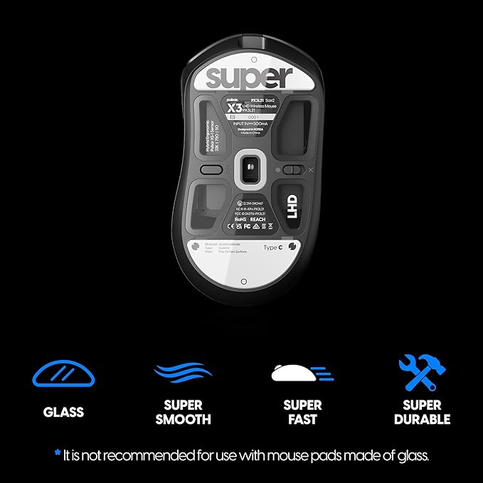 Superglide Glass Mouse Skates - Super Smooth Glide, Polished Round Edge, Super Fast Gaming Mouse Feet with Durable Sole for Pulsar X3 LHD Series (Type-C, White)