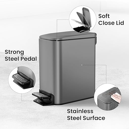 Cesun Slim Step-On Stainless Steel Desk Wastebasket – Gray (1.6 Gal)