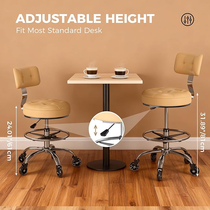 Office Drafting Chair with Footrest, Tall Height Adjustable Stool with Back Support, Heavy Duty Rolling Stool Chair with Wheels for Office Home Kitchen Bar Shop Guitar Studio Medical Vanity(White)