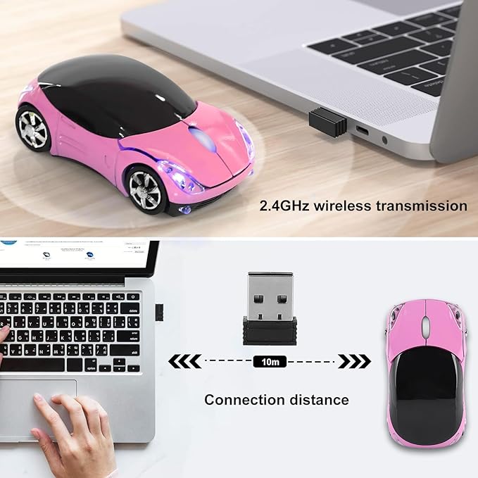 ASHATA 2.4G Car Mouse with USB Reciver 1600DPI Optical Mouse for PC Computer Laptop Tablet, High Cute Mouse for XP//Win7/ME/2000/for OS (Pink)