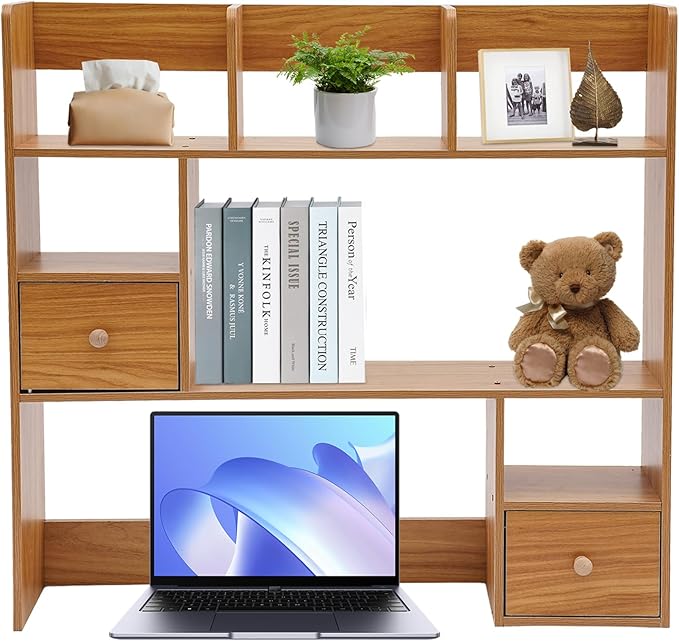 Desktop Hutch Bookshelf, 31.5 Inch Desktop Organizer Shelf with 2 Drawers & 7 Shelves, Desk Display Rack Desk Shelf for Home Office Dorm (Pine Color)