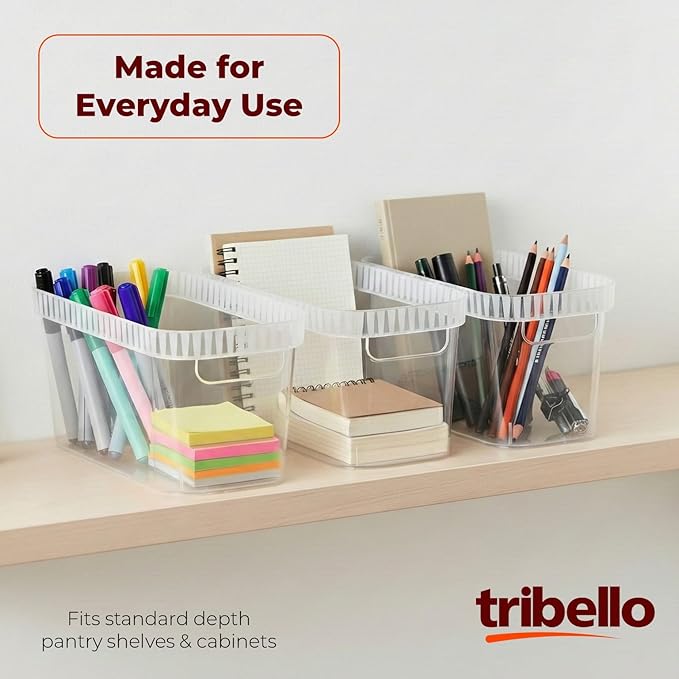 Tribello Modern Narrow Organizer Storage Bin, Slim Clear Plastic Household Storage Container for Kitchen Pantry storage, Under Sink Bin, Bathroom/Laundry Room - 6 Pack (Narrow - 15” X 6” X 6”)