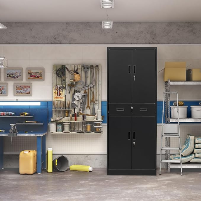 71" H Tall Metal Storage Cabinet with Drawer, Metal Garage Storage Cabinet with Lock and 2 Adjustable Shelves for Home, Office, Garage, Warehouse Organize, Black