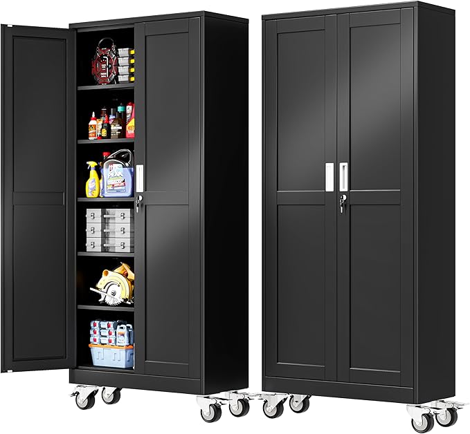 PAOFIN 75''H Metal Garage Storage Cabinet with Wheels,Steel File Cabinets with 2 Doors and 5 Adjustable Shelves for Home Office, Warehouse, Required Assembly,Black