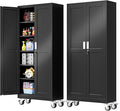 PAOFIN 75''H Metal Garage Storage Cabinet with Wheels,Steel File Cabinets with 2 Doors and 5 Adjustable Shelves for Home Office, Warehouse, Required Assembly,Black