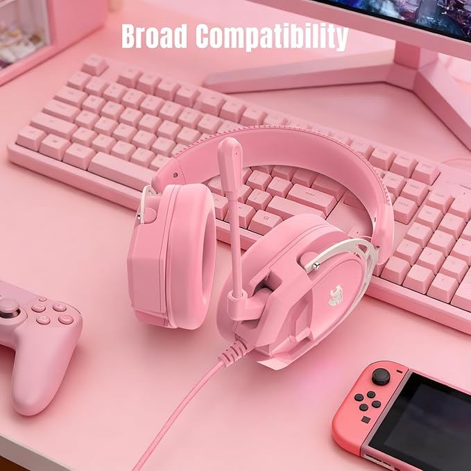 K98 Wired Gaming Headset, Durable Aluminum Frame Gaming Headset with Memory Earmuffs, 50mm Dynamic Drivers Stereo Surround Sound, Over Ear Headset for PC, PS4, PS5, Switch, Xbox One, Mac (Pink)