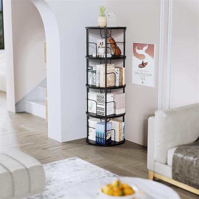 ALLSTAND Rotating Bookshelf, 4 Tier Spinning Bookshelf Tower, 360° Display Round Bookcase, Floor Standing Corner Revolving Bookshelf Organizer Storage Rack for Small Spaces, Home Study Office, Black