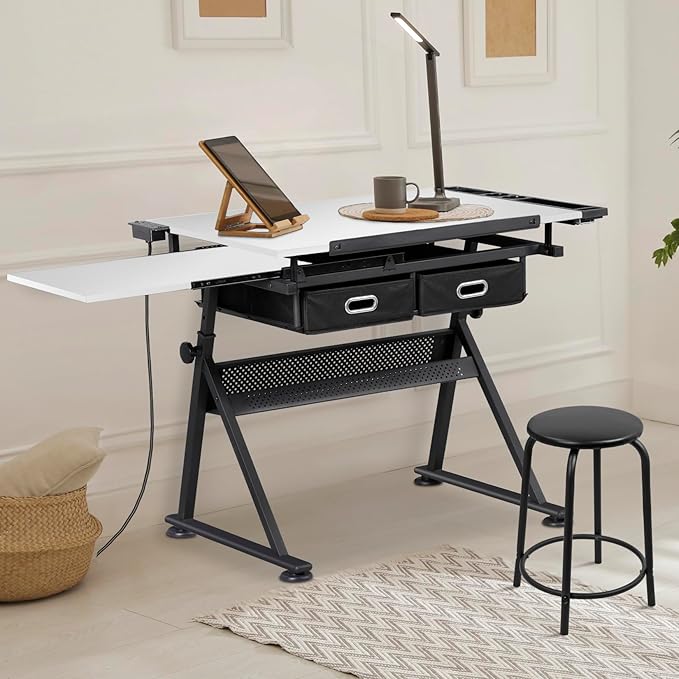 JupiterForce Drafting Table Art Desk w/Power Outlet and Stool, Adjustable Tilting Drawing Table Artist Desk with 2 Storage Drawers, Art Craft Work Station for Home Office Working, Writing, Crafting