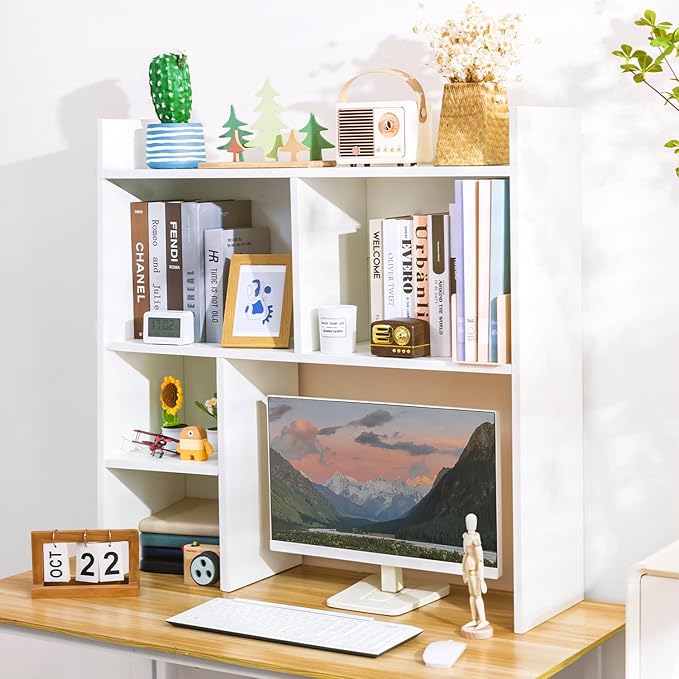 deli Desktop Shelf, Desk Hutch with 5 Shelves for Computer Desk, Desktop 3-Tier Display Rack, Multipurpose Wood Desktop Bookshelf Storage Organizer for Dorm Office Home