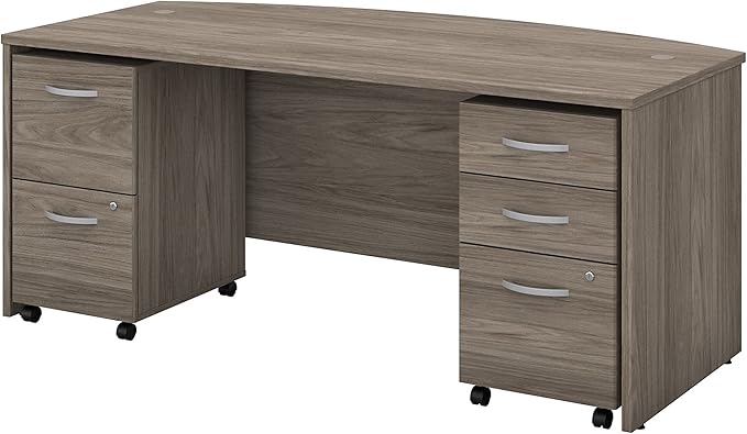 Bush Business Furniture Studio C 72W x 36D Bow Front Desk with Mobile File Cabinets in Modern Hickory