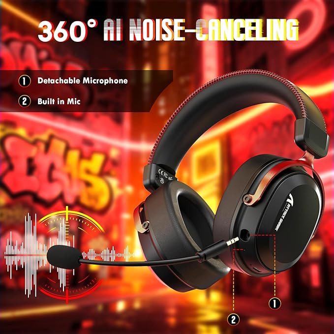 ATTACK SHARK L30PRO Wireless Gaming Headset,7.1 Surround Sound, 50mm Drivers,20ms Low Latency,Detachable Noise-Canceling Mic, Aluminum Alloy Frame,Tri-Mode Connectivity Over-Ear Headset-Black Red