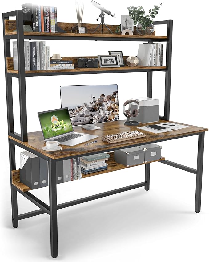 Aquzee Computer Desk with Hutch Bookshelves, 55 Inch Home Office Writing Desk with Space Saving Design, Gaming Table Organized Desk with Storage Shelves Bookshelf Easy Assemble, Rustic Brown