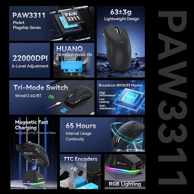 ATTACK SHARK X11 Ultra-Light Triple Mode Gaming Mouse PAW3311 Optical Sensor 22K DPI 5 programmable Buttons with Magnetic Charging Stand for PC/Mac Black
