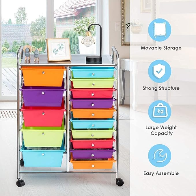 Moccha 15-Drawer Rolling Storage Cart - Under Desk Storage Drawers with wheels for Craft Art Supply Paper Salon, Scrapbook Paper Tools, Mobile Utility Cart for Classroom (15 Drawers, Multicolor)