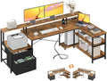 ODK 75" L Shaped Desk with File Drawers, Work from Home Office Desk with Power Outlet, Reversible Computer Desk with Storage Shelves, Gaming Desk with Monitor Shelf, Corner WFM Table, Vintage