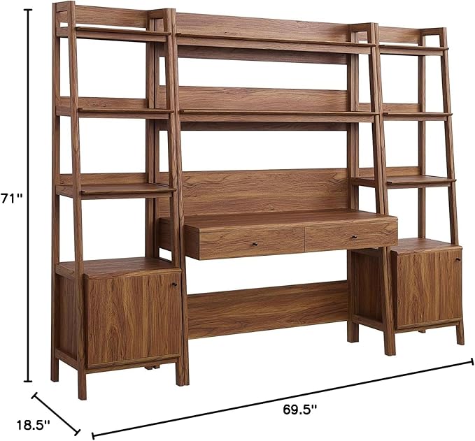 Modway 3-Piece Home Office Desk and Bookshelf Display Case in Walnut