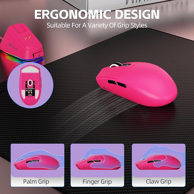 ATTACK SHARK G3PRO Wireless Gaming Mouse with RGB Charging Dock,2.4G/USB-C Wired/BT PAW3311 Optical Sensor 1K Polling Rate Adjustable 25K DPI,500mAh Battery Ultra Lightweight 59g Mice(Red)