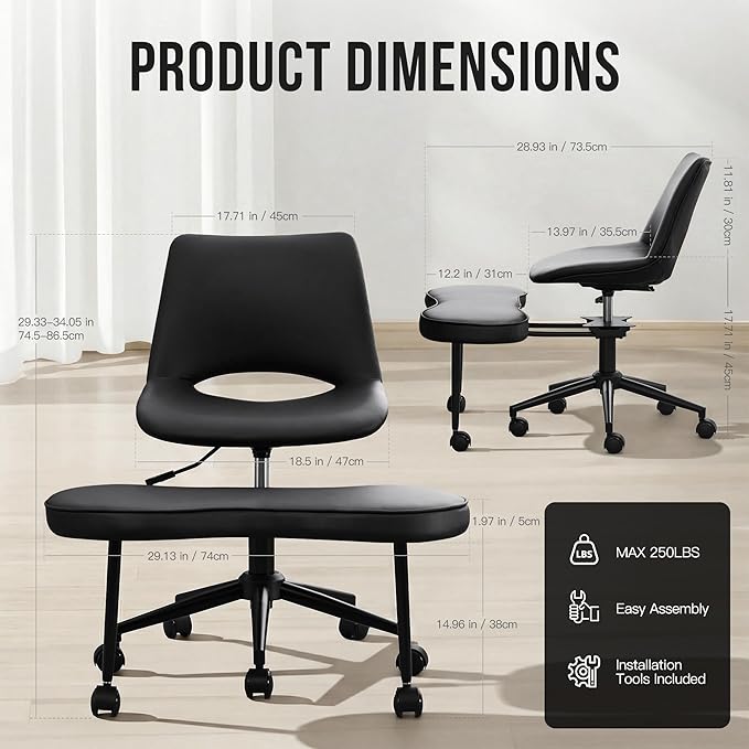 Ergonomic Cross Legged Office Chair with Wheels, 360° Swivel ADHD Chairs for Adults, Height Adjustable Seat for Meditation, Yoga - Wide Criss Cross Chair with Lumbar Support, Kneeling Chair, Black