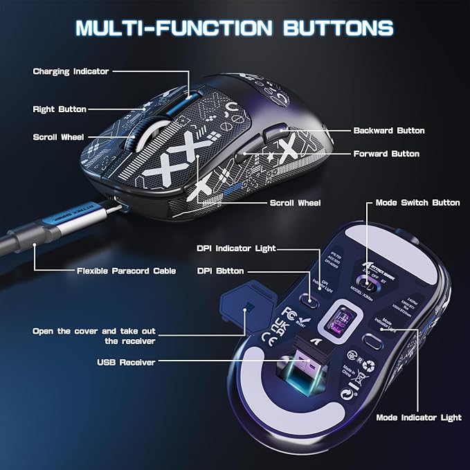 ATTACK SHARK X3MAX Wireless Gaming Mouse,PixArt PAW3950 Gaming Sensor,Up to 42K DPI,100 Million Micro,49g Lightweight Tri-Mode(BT5.2/2.4Ghz/Wired) Mice with Coiled Cable-Black&Tape
