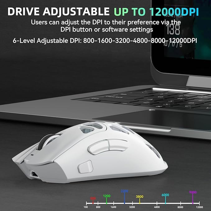 Aula SC620 Wireless Gaming Mouse, Tri-Mode 2.4GHz/USB-C/BT5.3 Computer Mouse with 12000 DPI, Programmable Macro Gamer Mouse with Rapid Fire Key, RGB Light White Gaming Mice for PC/Laptop/Mac