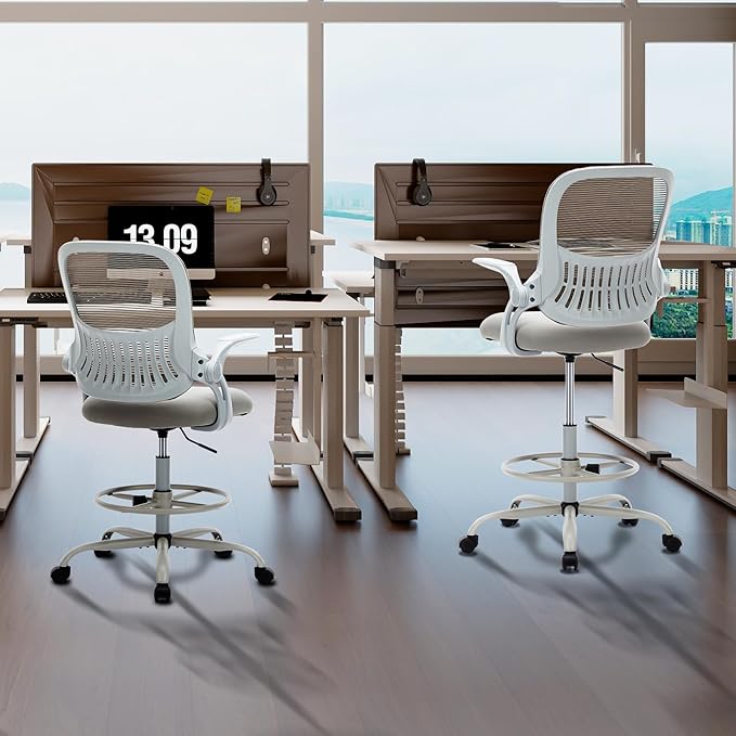 Sweetcrispy Tall Drafting Office Desk Chair - Ergonomic High Stool Computer Chair with Adjustable Height and Comfy Lumbar Support, Rolling Counter Height Chairwith Flip-up Arm and Footrest, Grey