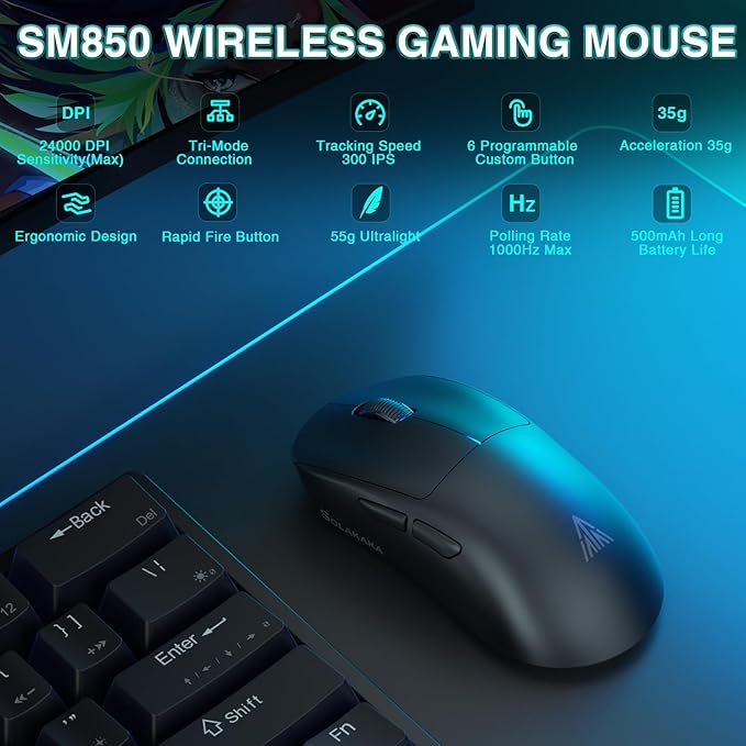SOLAKAKA SM850 Gaming Mouse Wireless, 24000 DPI, 55g Lightweight Mouse Gaming, 6 Programmable Buttons, Ergonomic Computer Mouse, Tri-Mode BT5.1/2.4G/USB-C 250h Battery Life PC Gamer Mice for Laptop