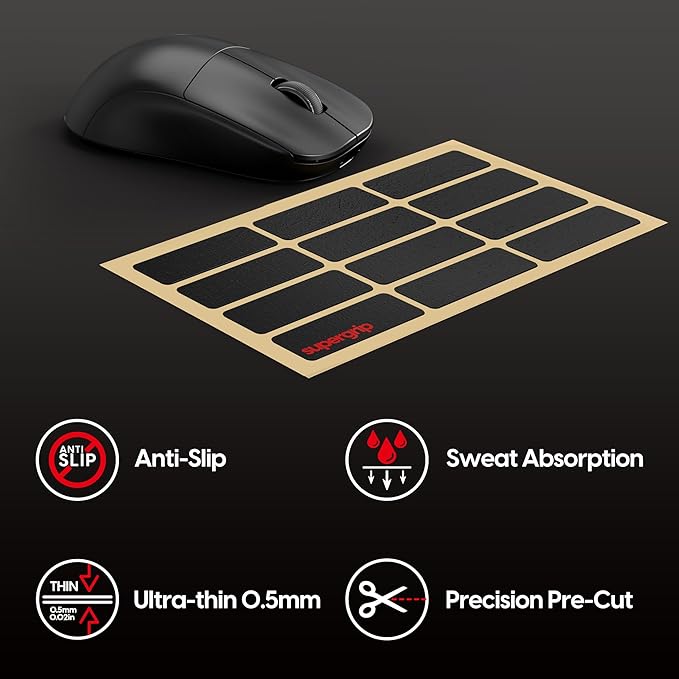Pulsar Gaming Gears SUPERGRIP Pre-Cut 2 Universal Griptape Pre-Laminated Sweat Absorbing High Performance Universal Anti Slip Mouse Grip Tape Ultra-Thin 0.5mm (0.02in)