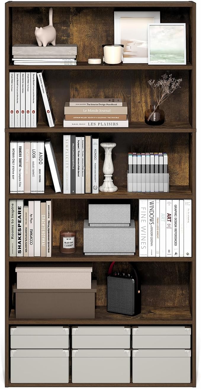 Furinno PASIR Book Shelf, 6-Tier Bookshelf with Open Storage Shelf, Standing Bookcase, 9.4 x 31.5 x 63, Easy Assembly, for Home Office, Bedroom, Living Room, Amber Pine
