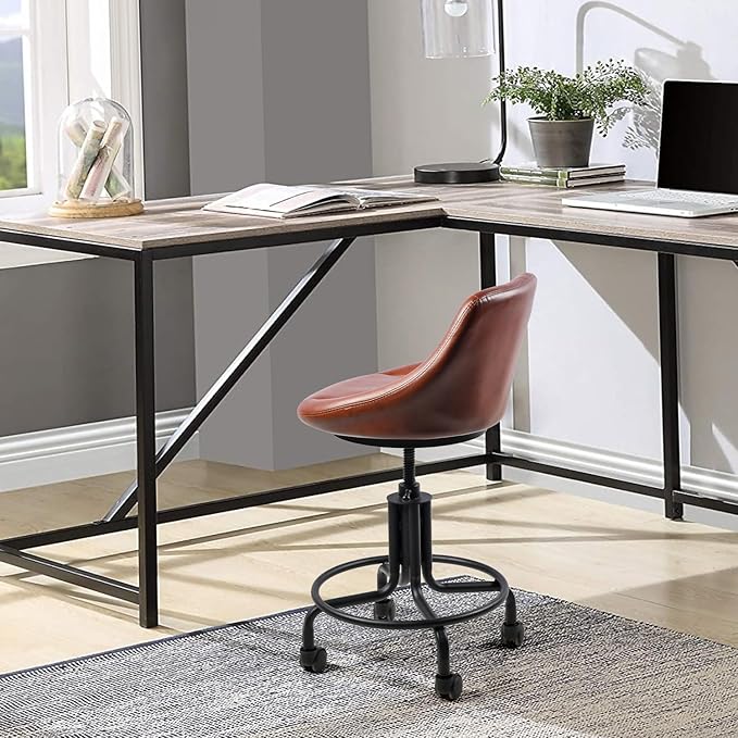 Industrial Office Chair with Backrest on Wheels Vintage Rolling Shop Stools with Wheels for Garage Swivel PU Seat Drafting Stool for Workbench 19.7-23.6inch Height Adjustable Bar Stool