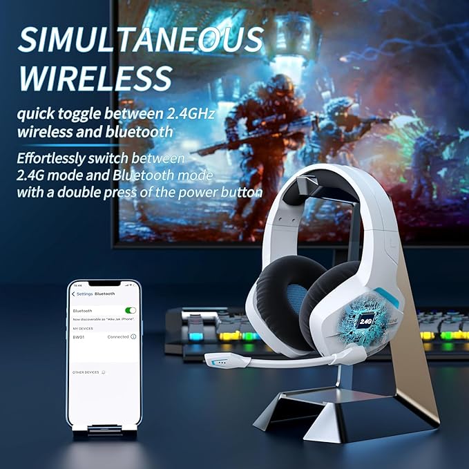 BINNUNE Wireless Gaming Headset for PS5 PC, 120H Ultra-Long Battery, 2.4GHz & Bluetooth 5.3 Wireless Headphones with Noise Canceling Mic, 50mm Drivers, Comfort Over Ear Gaming Headphones,White