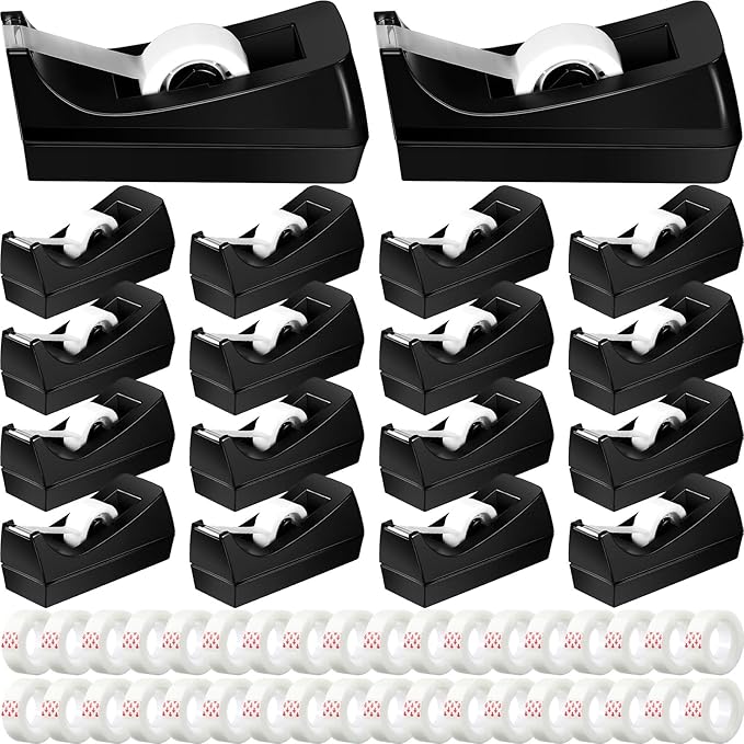 Yahenda 18 Pack Black Desktop Tape Dispenser Non Skid Base with 0.7 x 985 Inches Invisible Tape Refills Bulk Weighted Roll Dispenser for Office Home School