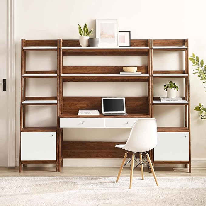 Modway 3-Piece Home Office Desk and Bookshelf Display Case in Walnut White