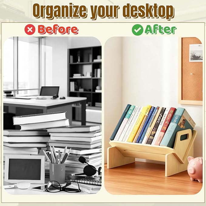 Wood Desktop Bookshelf, Tabletop Book Storage Rack Display Shelf with Handle, Tilting Office Bookcase Magazine Holder CD Rack for Office, Study Room, No Tools Required