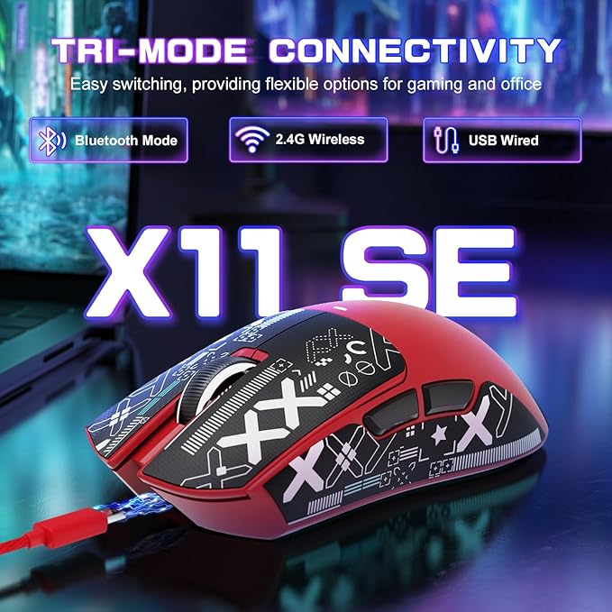 ATTACK SHARK X11SE Ultra-Light Wireless Gaming Mouse,Tri-Modes BT5.2/Type-C Wired/2.4G,PixArt PAW3311 Gaming Sensor,22KDPI,5 Programmable Buttons for Laptop,PC,Mac Gamer(Red&Sticker)
