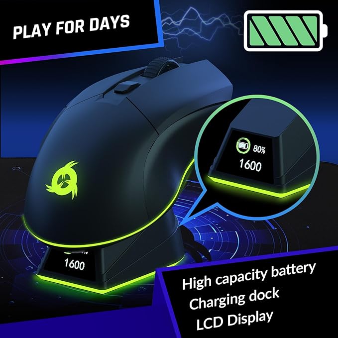 KLIM Blaze Pro Rechargeable Wireless Gaming Mouse with Charging Dock RGB & LCD Display - New Version - High-Precision Sensor and Long-Lasting Battery - Up to 6000 DPI - Great PC Gaming Mouse Wireless