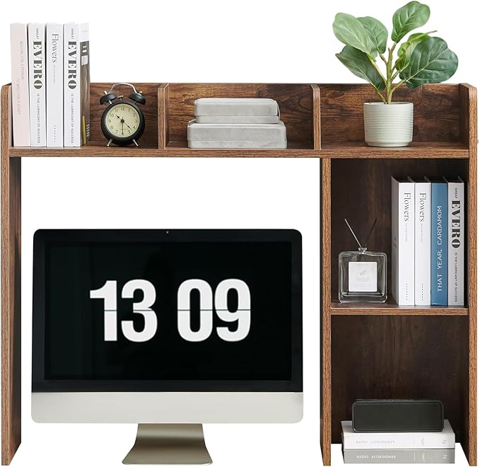 Nromant Desktop Bookshelf, Wooden Desk Storage Hutch with 5 Shelves, 3-Tier Desktop Display Organizer Rack for Office Home (Brown, 5 Shelves A)