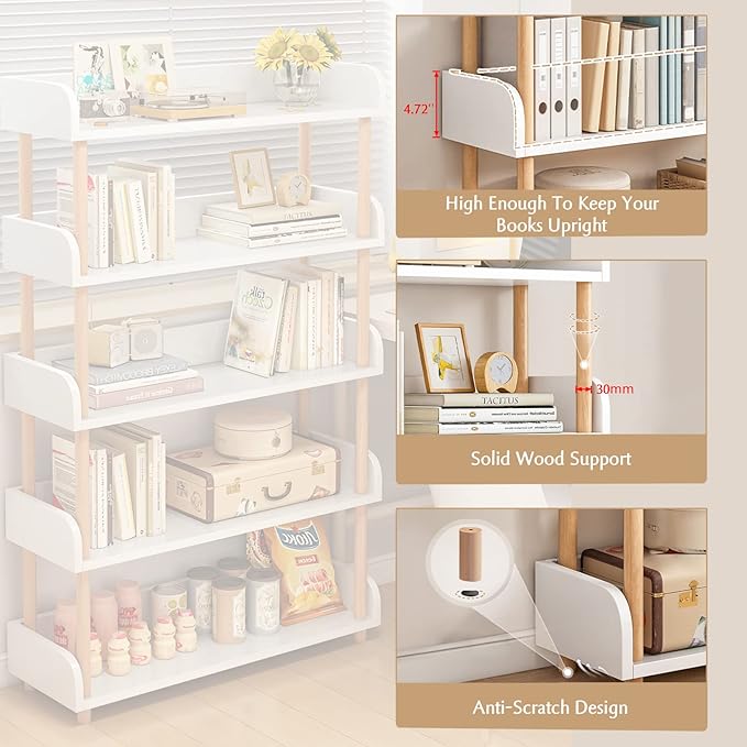 OSCHF 5-Tier Wooden Open Bookcase - Modern Display Bookshelf with Top Edge and Solid Wood Frame for Home and Office, Storage Cabinet, Warm White