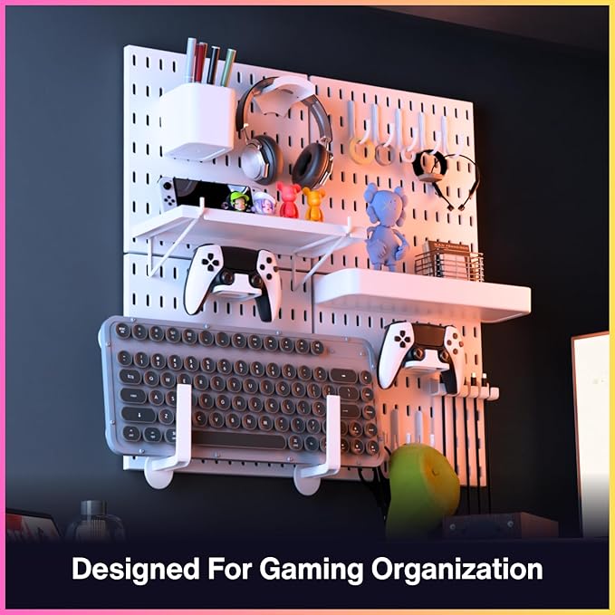 Keepo Peg Board Wall Organizer for Gaming Setup, Pegboard with Adhesives & Screw Mounts, Includes Peg Board Accessories for Gaming Accessories, Tech Storage & Office Organization (White, 22″×22″)