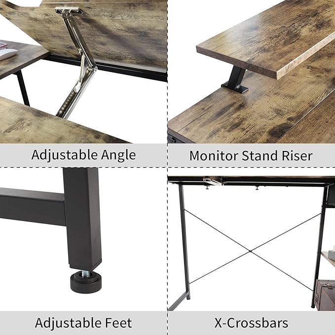 X-cosrack Drafting Table with Storage Shelves & Drawer, 43" Adjustable Art Desk with Monitor Stand for Home Office Computer, Tiltable Draft Drawing Table for Artist, Study, Writing Workstation
