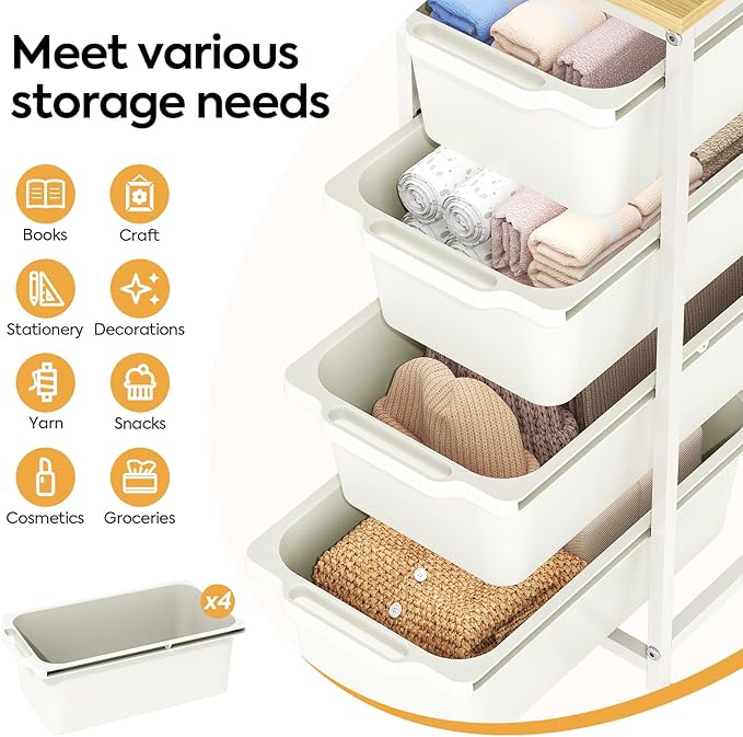 Rolling Storage Cart with 4 Drawers, Craft Organizer, Wooden Tabletop Utility Cart for Bedroom, Children's Room and Office Organization, Table Side Trolley with Lockable Wheels, White