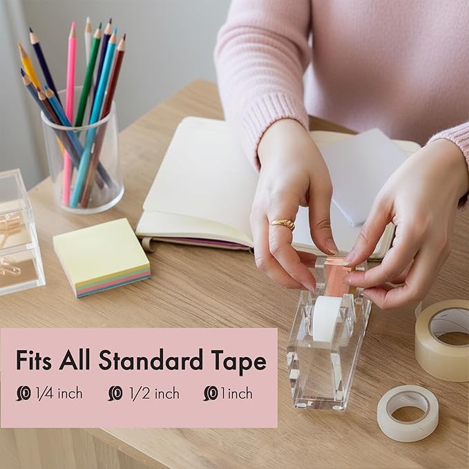 OfficeGoods Acrylic Tape Dispenser – Modern Desk Organizer for Office Supplies, Heavy Duty Refillable Tape Holder for Home and School Crafting, Stylish Desktop Accessory for Gift Wrapping, Rose Gold