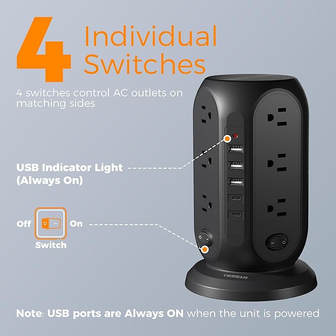 TESSAN Tower Power Strip with Individual Switches, Surge Protector with 12 Outlets, 5 USB Ports(2 USB C), Flat Extension Cord 10 Ft, 1250W, Charging Station for Multiple Devices, Office, Dorm, Black