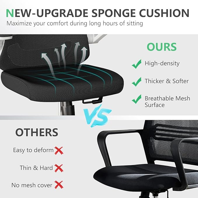 300 LBS Ergonomic Office Computer Mesh Chair - Adjustable Height Rolling Desk Chair with Flip-Up Armrests & High Back Support - Comfortable Swivel Task Chair for Home Office