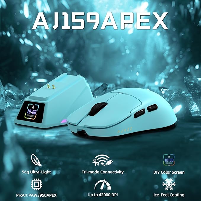 Yindiao AJAZZ AJ159 APEX Wireless Gaming Mouse with Magnetic Charging Base, 56g Lightweight BT/2.4G/USB-C Wired Mouse, PAW3950APEX 42K DPI Optical Sensor, Programmable Buttons for PC/Mac/Win(Blue)