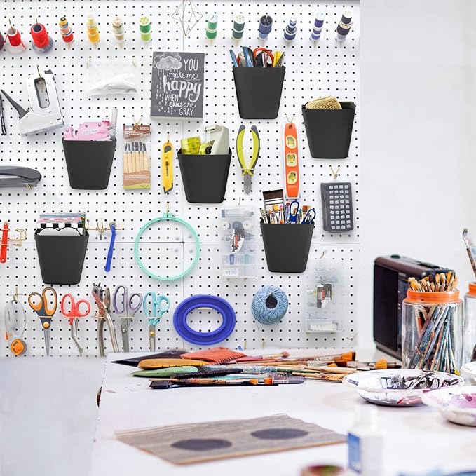 G.CORE Large Pegboard Cups Peg Board Storage Bin 6 Pack with Hooks, Square Box Shape Pegboard Cup Holder Accessories for Garage Workbench/Craft Room/Office/Playroom/Home Kitchen Organization (Black)
