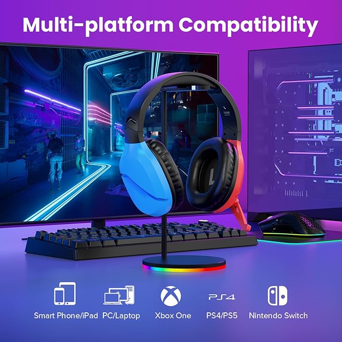 WolfLawS Wireless Gaming Headset with Noise Canceling Microphone for PS5, PC, PS4, 2.4G/Bluetooth Gaming Headphones with USB and Type-c Connector, Wired Mode for Controller - Blue and Red