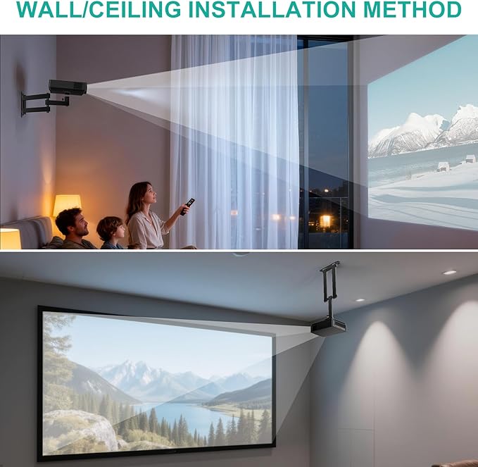 WALI Mini Foldable Projector Wall Mount with 360° Rotating Gimbal, Fully Adjustable Wall/Ceiling Mount Bracket for 1/4" M4 M6 Screw Projectors, Small Projector Holder up to 4.4lbs (1330LM-PM), Black