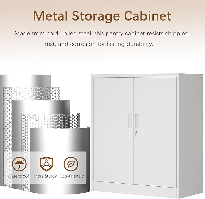 Metal Storage Cabinet, 36" H Locking Storage Cabinet, Metal Cabinets with Doors and 2 Adjustable Shelves for Home, School, Office, Garage, White