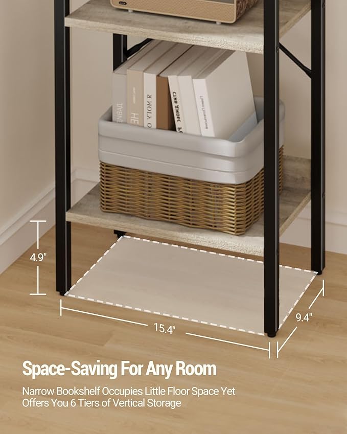 Hzuaneri Bookshelf, Book Shelf, Industrial Bookcase with 2 Hooks, Coner Shelf Storage Organizer for Home Office, Living Room, Bedroom, Kitchen, 6-Tier Greige BC10705B