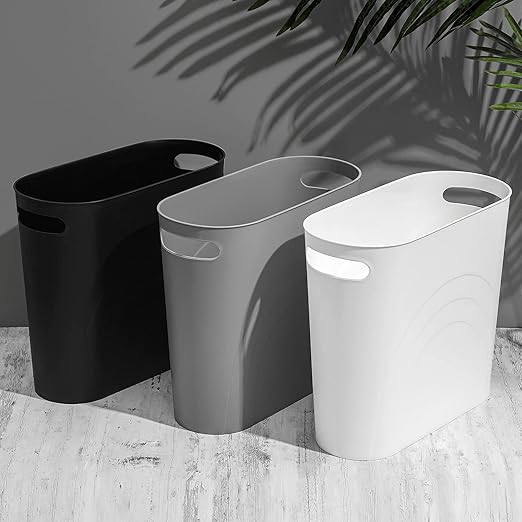 rejomiik Small Trash Can, 3.5 Gallon Slim Garbage Can Plastic Waste Basket with Handles Container Bin for Narrow Spaces Bathroom, Bedroom, Kitchen, Office at Home, Grey